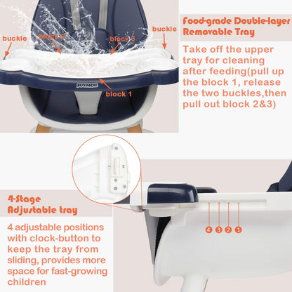 JOYMOR 5-in-1 Convertible Baby High Chair for Babies and Toddlers, Table and Chair Set, Wooden Infant Eating Highchair with Leather Seat Cushion, 4-Position Removeable & Adjustable Tray (Biege)