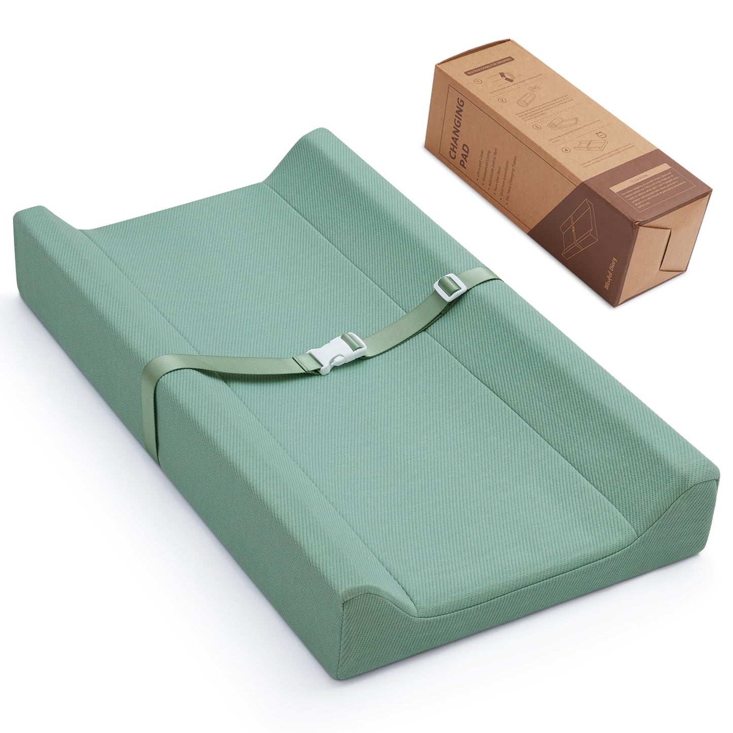 Blissful Diary Baby Changing Pad with Waterproof Lining Foam, Includes a Soft & Washable Cover, Contoured Changing Table Pads for Dresser Top with Non-Slip Bottom, 32”×16” (Grey, Avocado)