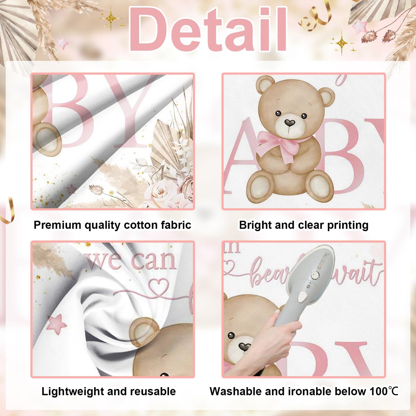 Mocsicka Girl Bear Backdrop Pink Boho Pampas Grass Background We Can Bearly Wait Baby Shower Party Cake Table Decoration Photo Booth Props (7x5ft)