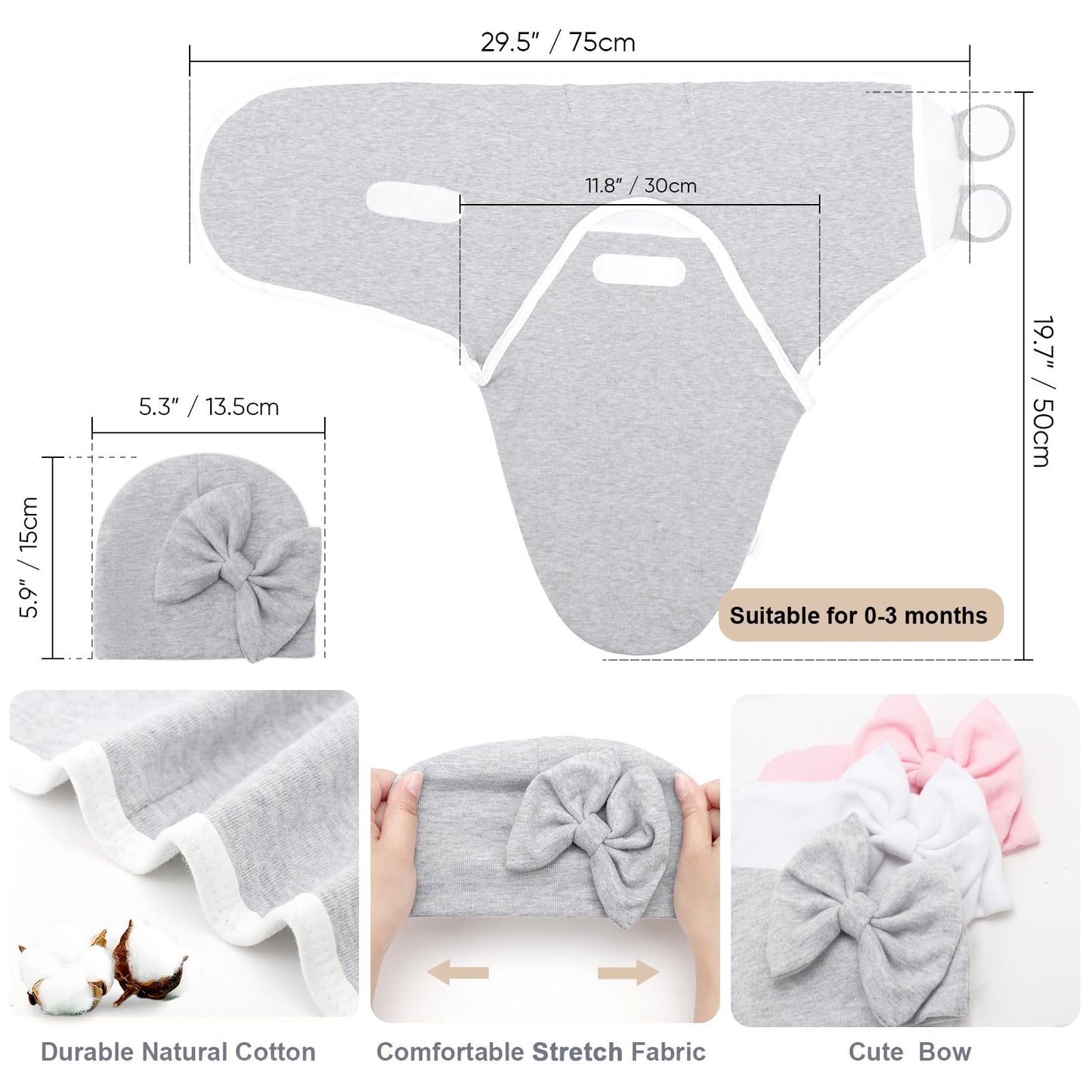 DRESHOW BQUBO 3 Pack Baby Swaddle Sleep Sacks Baby Swaddling Blanket Wrap Newborn Swaddle Sack with Big Bow Hat for Boys Girls 6-12 Lbs Newborns & 0-3 Months Girls Boys