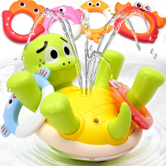 Sizobi Baby Bath Toys, Rechargeable Turtle Bath Toy Sprinkler for Kids Toddler with 5 Rings, Bathtub Fountain Spray Toy for Baby, Mold Free Bath Toys for Kids Ages 1-3 4 5 6 Year Old Girl Boys Gifts