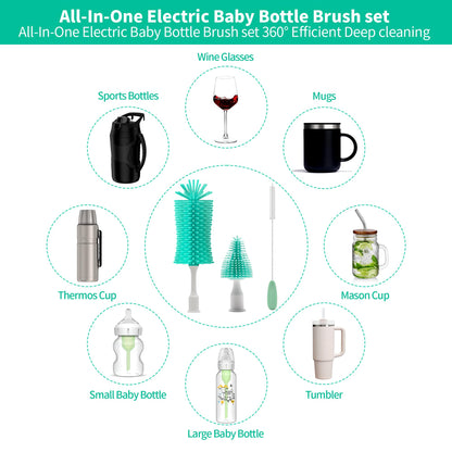 Electric Bottle Brush Cleaner New Upgrade, Portable Electric Baby Bottle Brush Cleaner for Travel, Travel Bottle Cleaner Kit with Nipple & Straw Brush, Perfect Mom Essentials After Birth Gift, Green