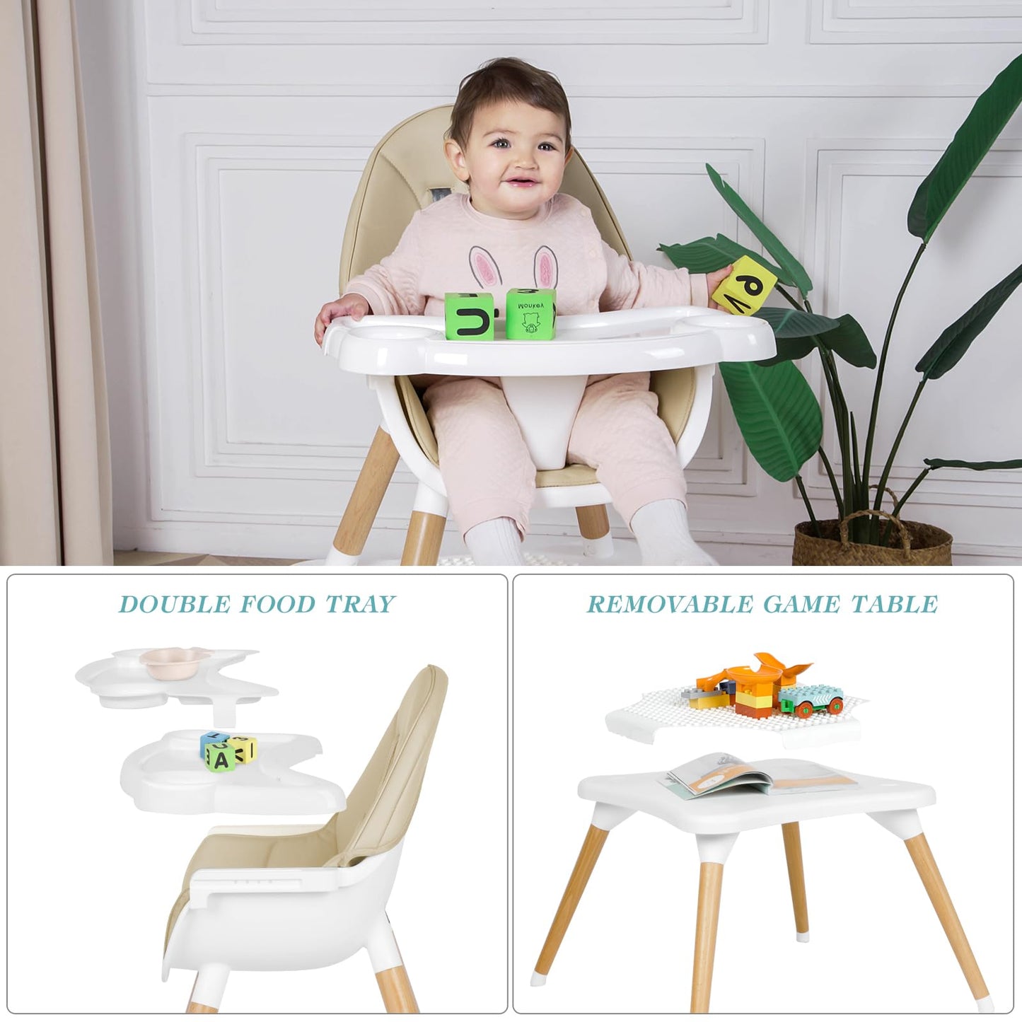 High Chair for Babies & Toddlers, Convertible Wooden 6 in 1 Baby Highchair, Table and Chair Set, Building Block Table, 5-Point Adjustable Seat Belts, 4-Position Removable Tray& PU Seat Cushion (Black)