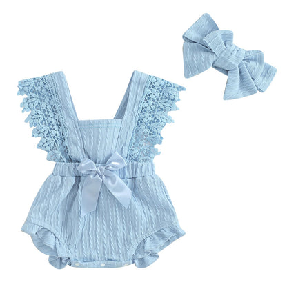 Newborn Baby Girl Lace Romper Ruffle Sleeveless Backless One Piece Jumpsuit Bodysuit with Headband Summer Clothes