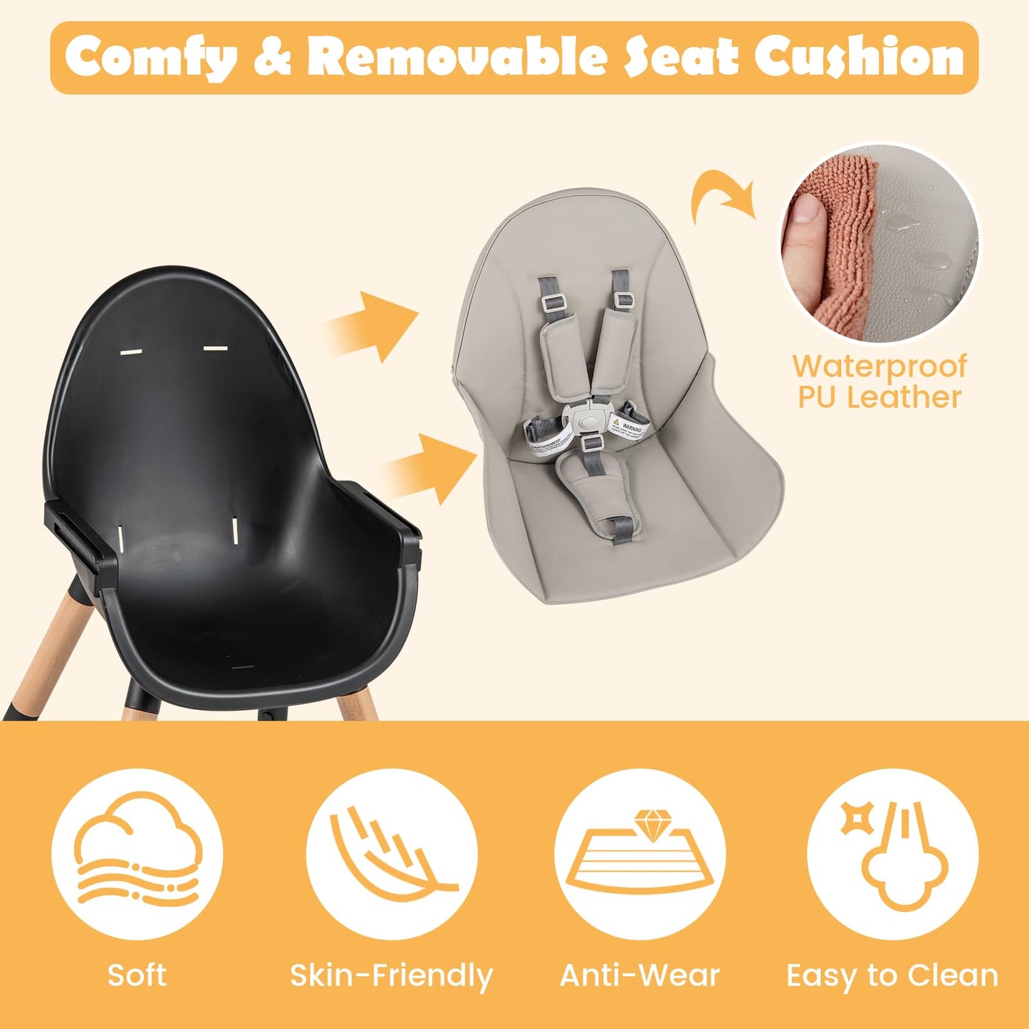 BABY JOY 6 in 1 High Chair, Convertible High Chairs for Babies and Toddlers/Booster Seat/Table and Chair Set, Infant Wooden Highchair w/ 5-Point Harness, 4-Position Removable Tray & PU Cushion, Coffee