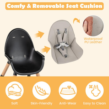 BABY JOY 6 in 1 High Chair, Convertible High Chairs for Babies and Toddlers/Booster Seat/Table and Chair Set, Infant Wooden Highchair w/ 5-Point Harness, 4-Position Removable Tray & PU Cushion, Coffee