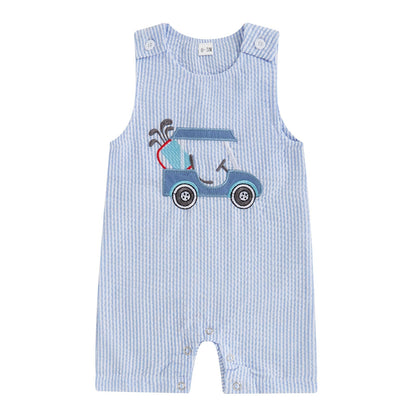 Baby Boy Summer Clothes Sleeveless Embroidery Dinosaur Striped Retro Romper Jumpsuit Smocked Shortall