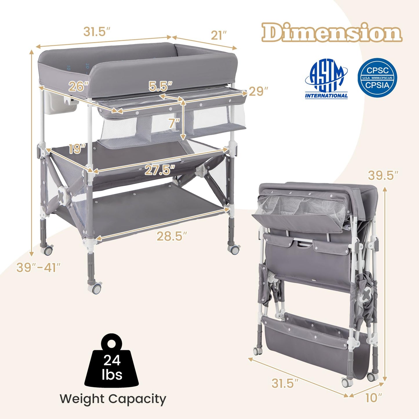 BABY JOY Portable Baby Changing Table, Foldable Waterproof Diaper Changing Station w/Wheels, Adjustable Height, Storage Basket, Shelves & Trash Bin, Mobile Nursery Organizer for Newborn Infant, Beige