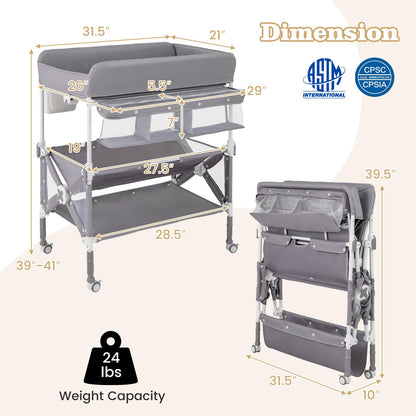 BABY JOY Portable Baby Changing Table, Foldable Waterproof Diaper Changing Station w/Wheels, Adjustable Height, Storage Basket, Shelves & Trash Bin, Mobile Nursery Organizer for Newborn Infant, Beige