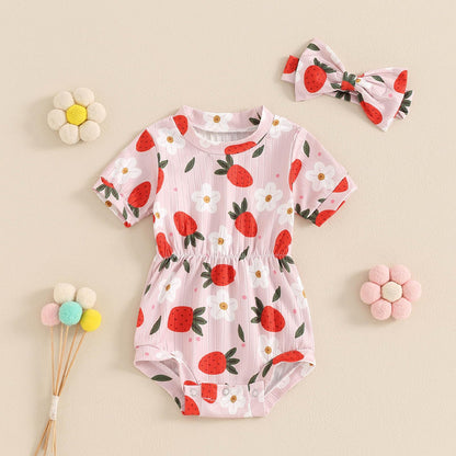 Baby Girl Summer Clothes Ribbed Short Sleeve Romper Solid Color Bodysuits Bow Headband Outfit Newborn Girl Jumpsuit
