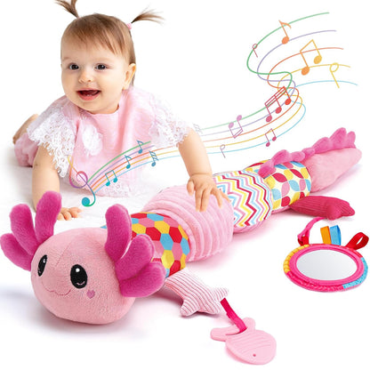 hahaland Tummy Time Toys for Babies 0-6 Months - Musical Axolotl Plush with Rattle, Teether, Mirror, Squeaky, Crinkle - Infant Toys 0-12 Months Baby Gifts