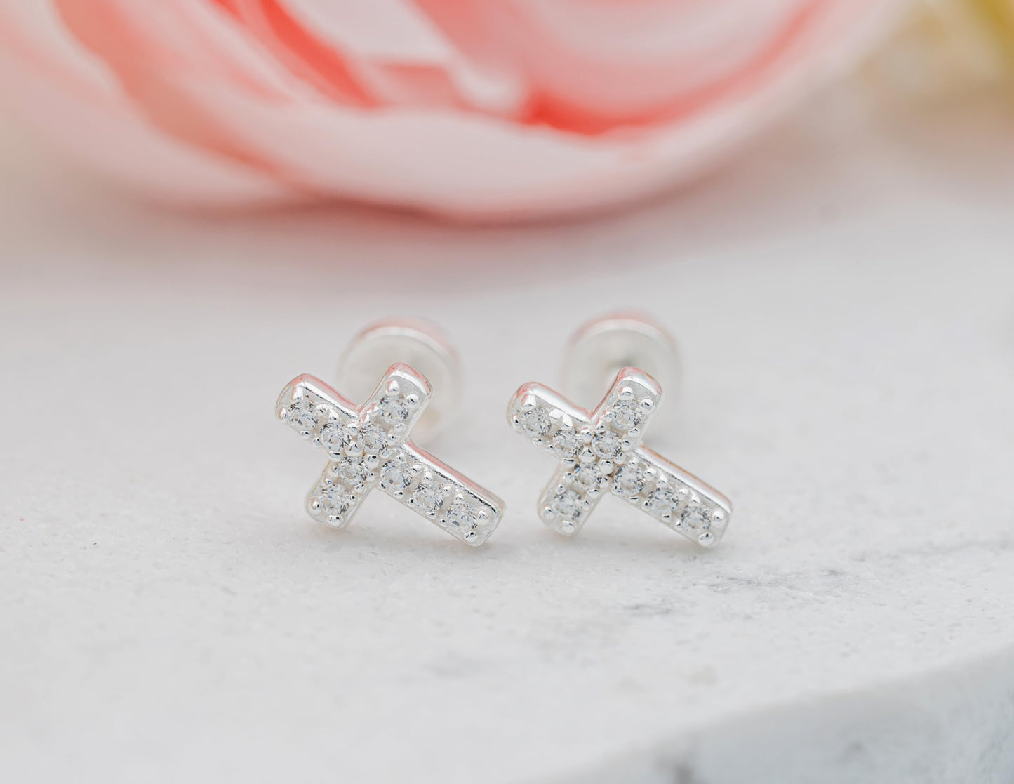 Cherished Moments Children's Sterling Silver or Gold-Plated Cross Earrings with CZs and Safety Screw Backs for Baptism, Christening and First Communion Gifts for Girls