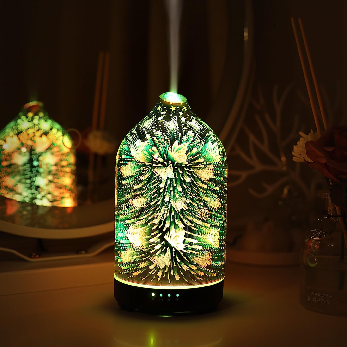 Essential Oil Diffuser Hand Blown Glass Aromatherapy Diffuser - Ultrasonic Cool Mist Scent Aroma Diffuser, Whisper Quiet with Auto Shut-Off, Timer Setting &7 Colors Night Light for Home