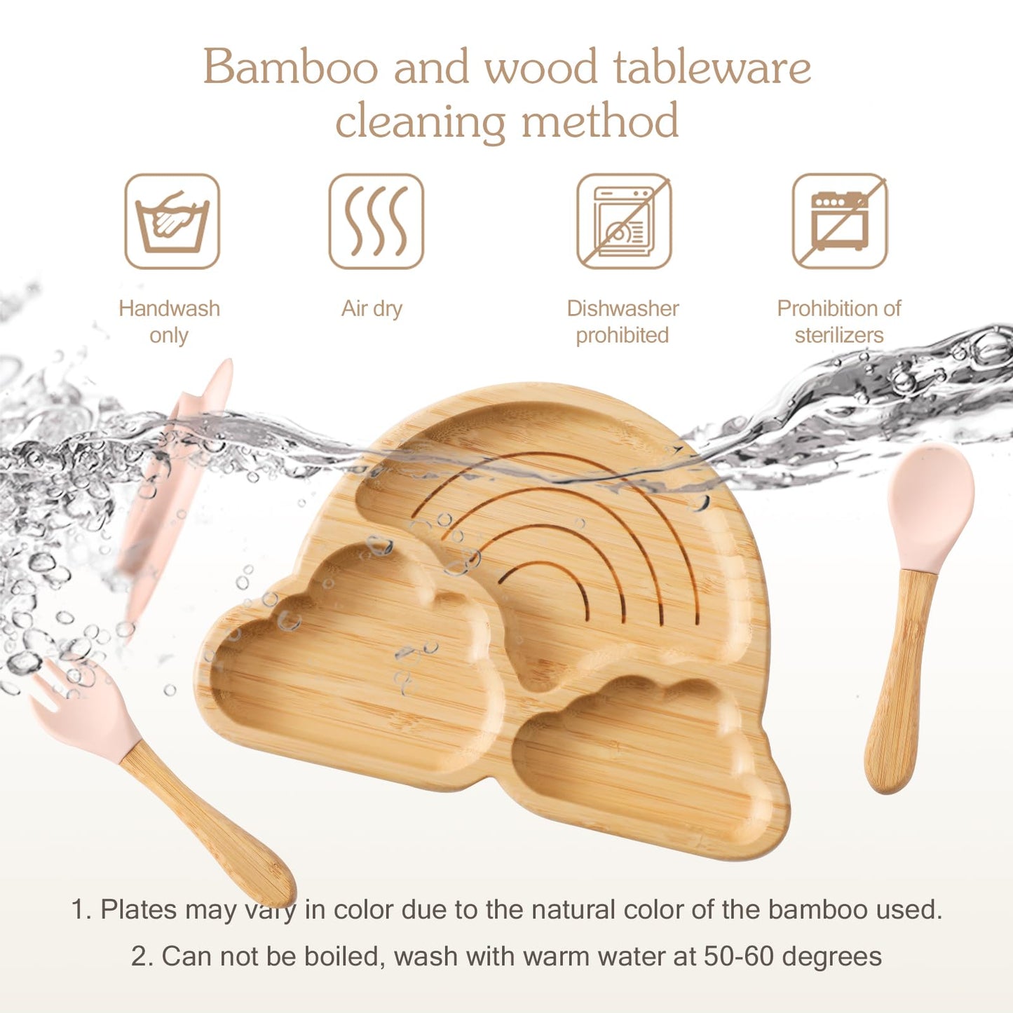 Bamboo Suction Plates Bowls Set for Baby Toddler Divided Platter Food bowl with Silicone Fork & Spoon All-Natural Baby Feeding Set for Baby-Led Weaning, Non-Slip Design