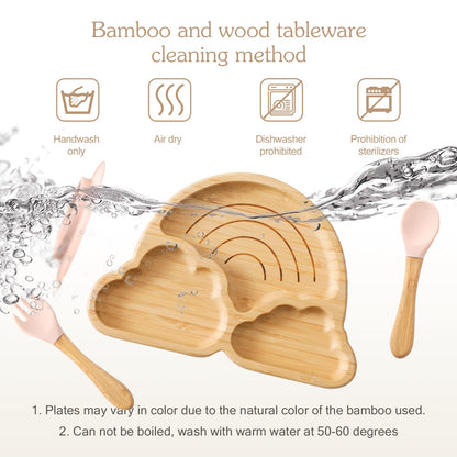 Bamboo Suction Plates Bowls Set for Baby Toddler Divided Platter Food bowl with Silicone Fork & Spoon All-Natural Baby Feeding Set for Baby-Led Weaning, Non-Slip Design