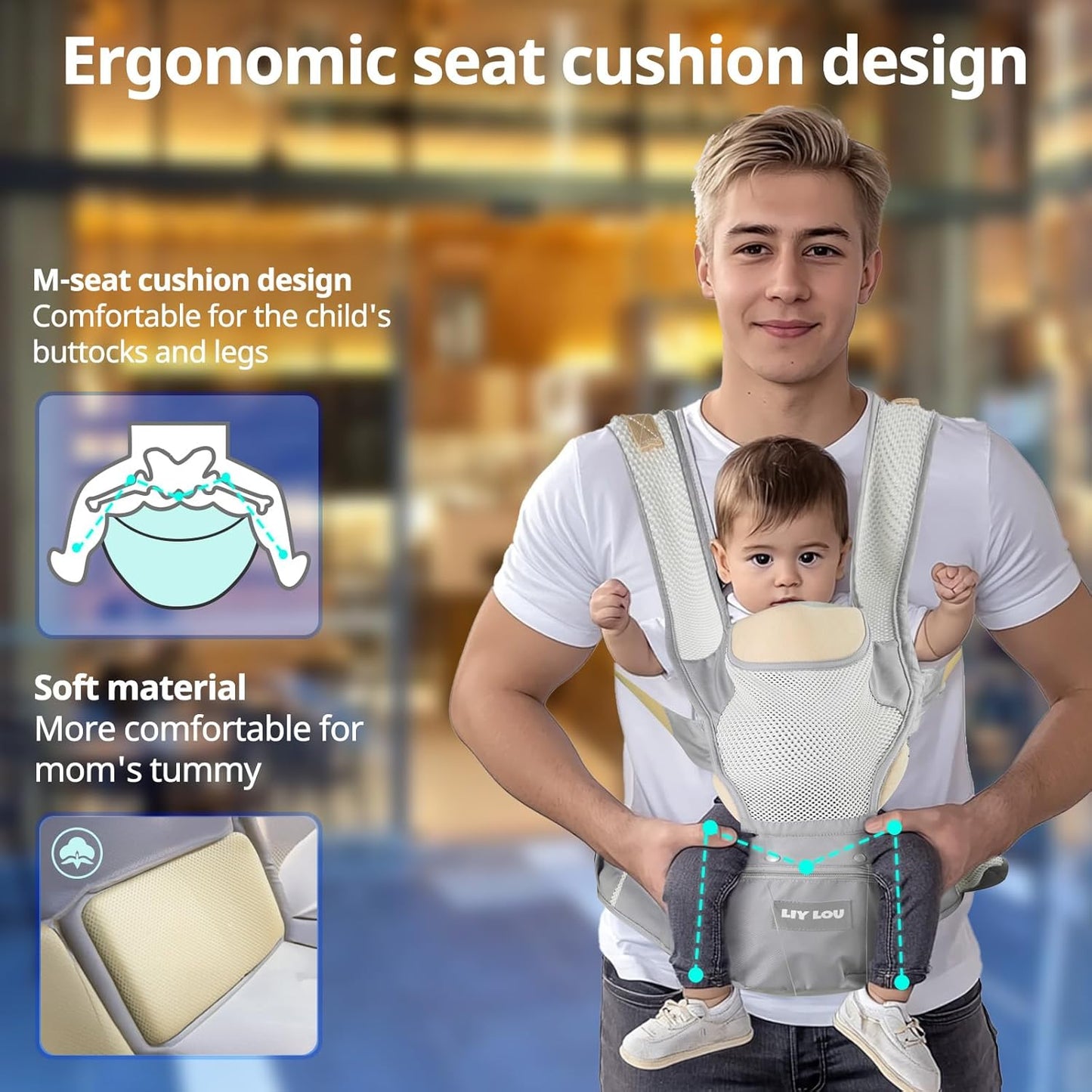 Baby Carrier Adjustable Newborn to Toddler 6-in-1 Detachable Hip Seat Carrier with Breathable & Wider Support, Baby Gear Pockets, Ergonomic Design for Dad - Infant Carrier 25-60 lbs
