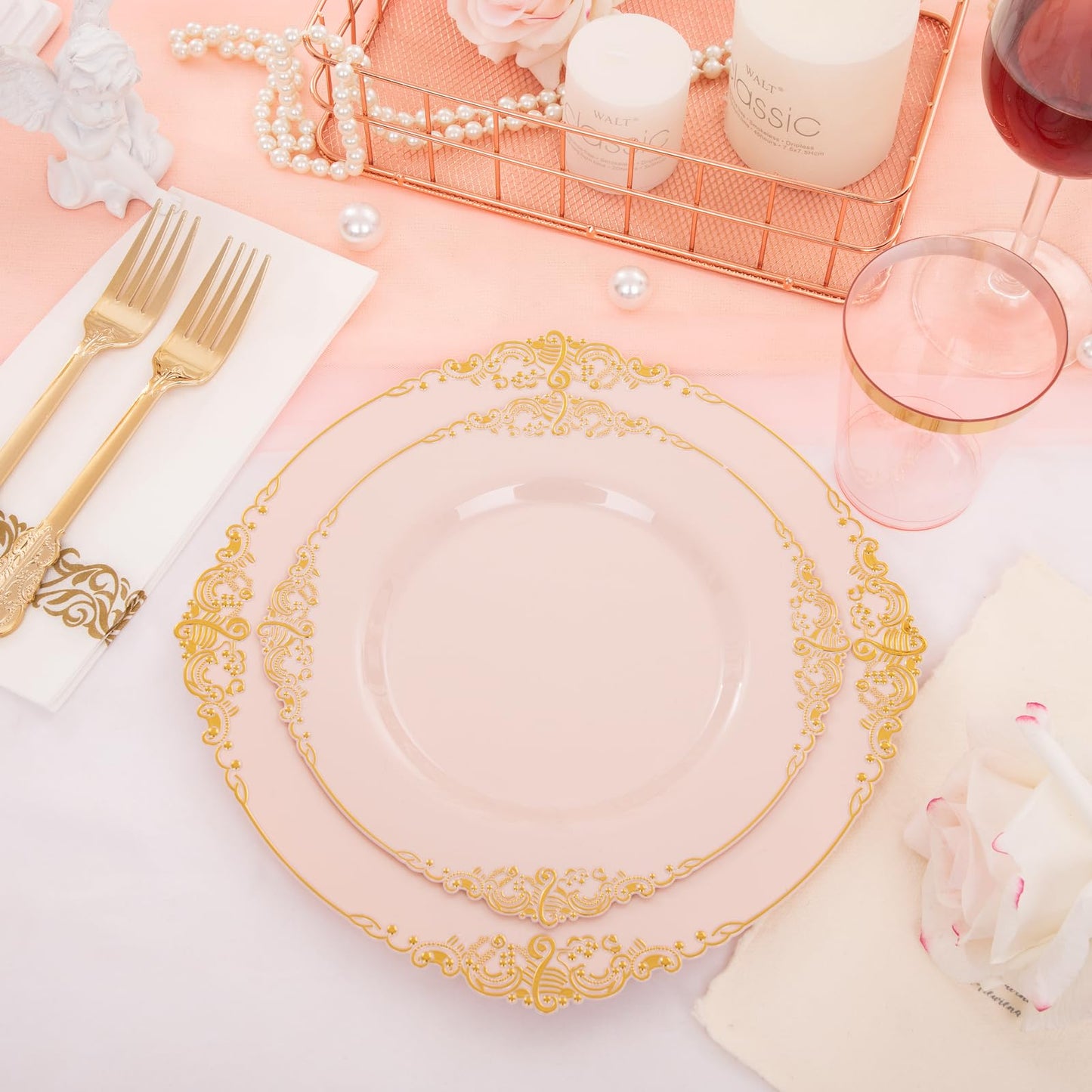 Morejoy 175PCS Rose Gold & Silver Plastic Dinnerware Set: 25 Plates, 25 Forks, 25 Knives, 25 Spoons, 25 Cups, 25 Napkins - Perfect for Wedding & Party