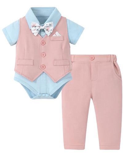 DISAUR Baby Boy Clothes Toddler Boy Outfits 4PCS Gentleman Dress Romper/Vest/Pants/Bow Tie Cotton Suit Sets