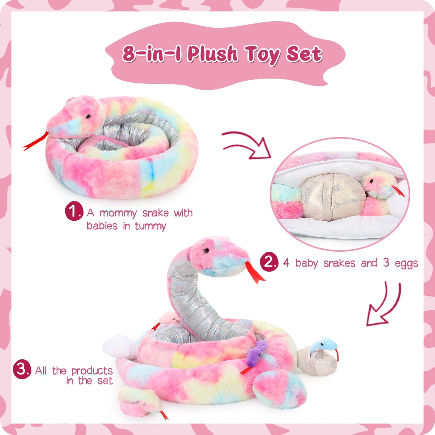MorisMos Snake Stuffed Animals Plush Toy 120 Inch Giant Snake Plush with Babies Stuffed Snake Toys for Kids Plush Party Decorations Favors Prank Props, 4 Snake Babies, 3 Snake Eggs
