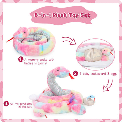 MorisMos Snake Stuffed Animals Plush Toy 120 Inch Giant Snake Plush with Babies Stuffed Snake Toys for Kids Plush Party Decorations Favors Prank Props, 4 Snake Babies, 3 Snake Eggs