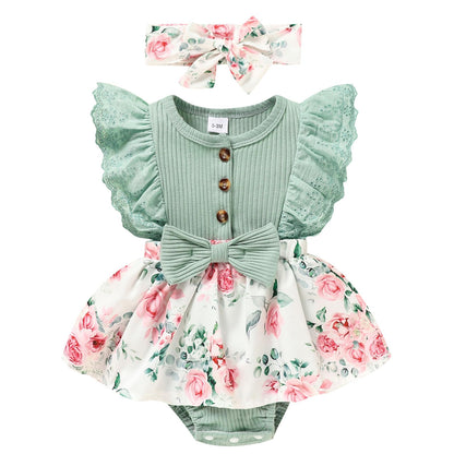 Sinhoon Baby Girl Clothes Newborn Ruffled Sleeveless Romper Floral Dreesy Bodysuit Heaedband 3pcs Baby Girl Summer Clothes