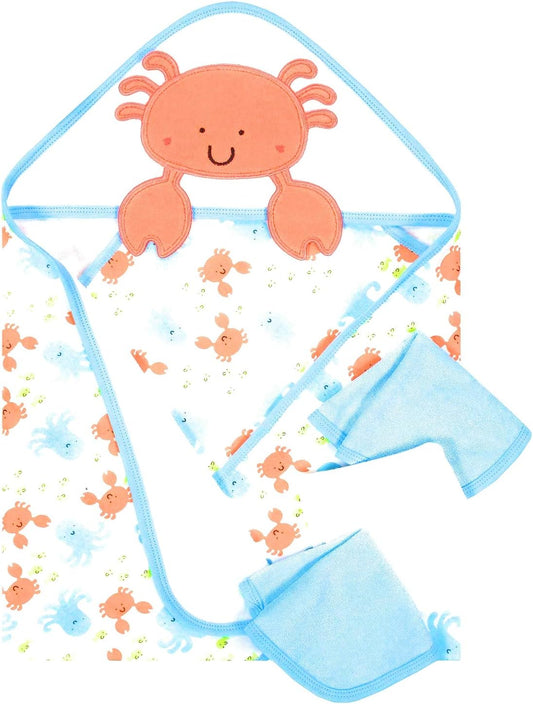 Gerber Hooded Towel Set - Baby Boys' Crab 4-Piece Bath Towel Set, Cotton, Blue