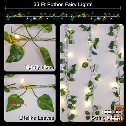 suddus Vine with Fairy Lights Battery Operated, 33ft 100 LED Ivy String Lights with Remote, Leaf Lights for Bedroom, Room, Wall, Garden, Party, Wedding Decor (Warm White)