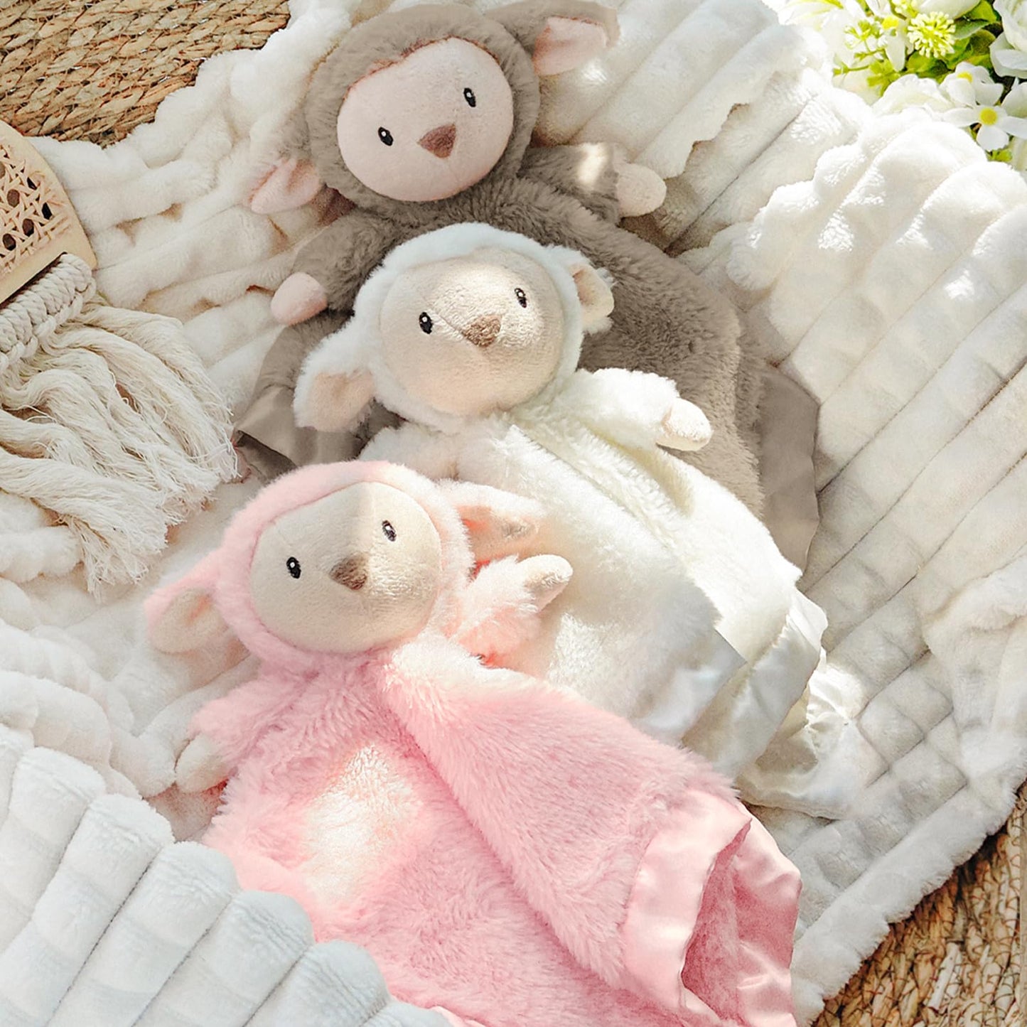 Lamb Security Blanket for Babies, Super Soft Fluffy Snuggle Toy for Newborn Boys and Girls, Stuffed Animal, Pink 13.5 Inch