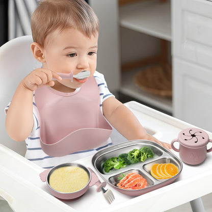 Baby Weaning Bundle, Silicone Baby Feeding Set, Comes with Detachable Silicone Stainless Steel Toddlers Plate and Bowl set, Baby Bib and 2-in-1 Water Cup and spoons (Blue)