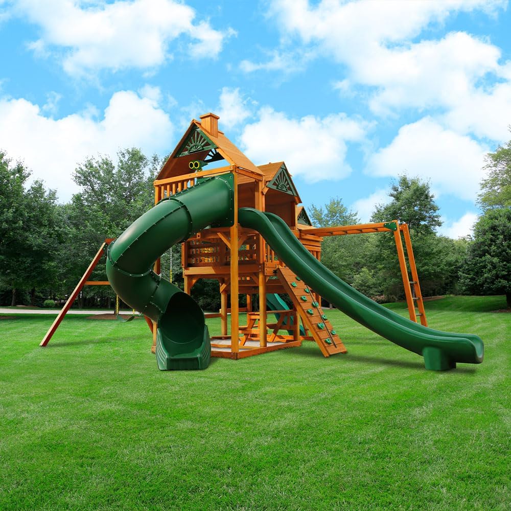Gorilla Playsets 01-0089-AP Empire Wood Swing Set with 3 Play Decks, 3 Slides, and Monkey Bars, Brown