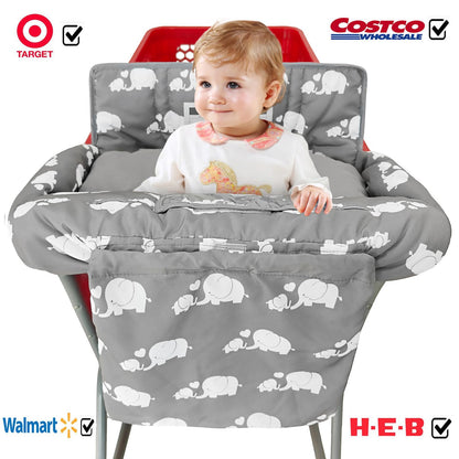 Soft Pillow Attached 2-in-1 Shopping Cart and High Chair Cover for Baby, Cotton Padded Cart Cover, Fold'n Roll Style, Portable with Carry Bag (Blue Elephant)