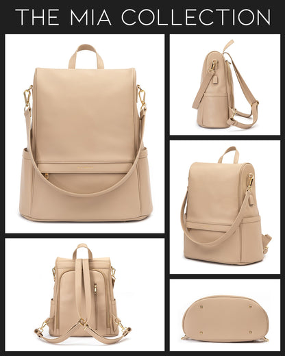 Leather Diaper Bag Backpack with USB Charging port, Changing Pad, Stroller Straps, and Bottle Holder (Brown Olivia)