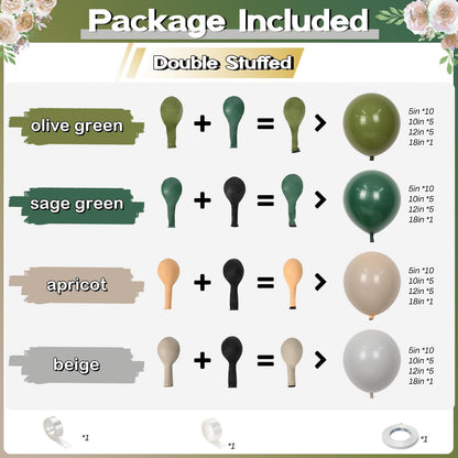Sage Green Balloons Arch Double Stuffed, Olive Dusty Green Brown Beige Neutral Balloon Garland Kit, White Sand Apricot Tan Latex Balloon for Baby Shower Birthday Jungle Safari Party Decoration