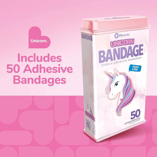 BioSwiss Bandages, Unicorn Shaped Self Adhesive Bandage, Latex Free Sterile Wound Care, Fun First Aid Kit Supplies for Kids, 50 Count