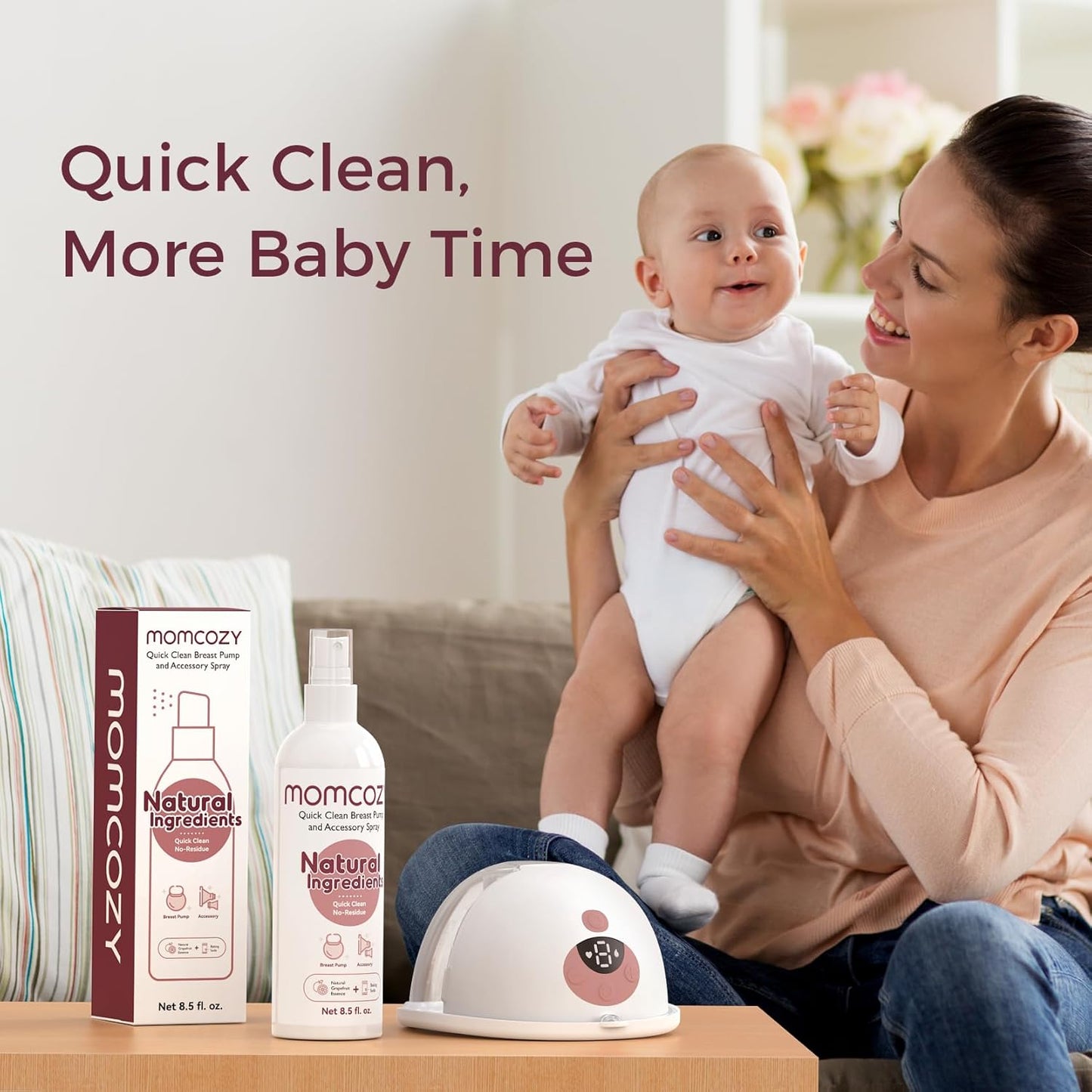 Momcozy Portable Breast Pump Cleaner Spray, Strong Milk Fat Removal & Residue-Free, Natural Grapefruit Scent, Pump Spray for Breast Pump and Other Baby Products, 8.5 Fl Oz Bottle