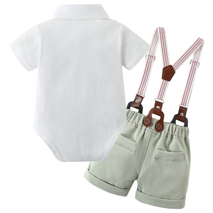 WESIDOM Baby Boy Clothes Suit 0-24 Months Gentleman Outfits, Short Sleeve Dress Romper+Bowtie+Detachable Suspender Shorts Set