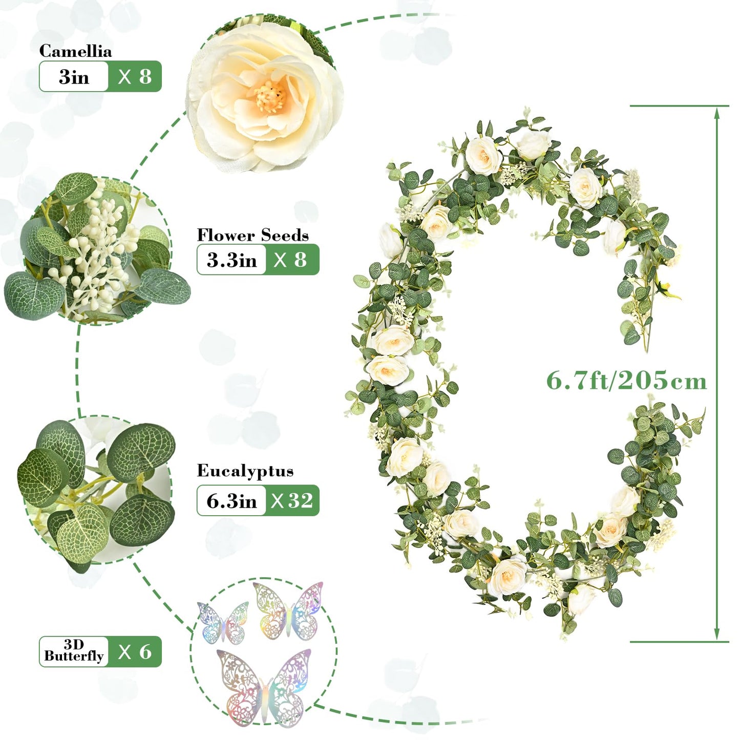 Yastouay 6.4 Ft Fuller Artificial Eucalyptus Garland with Champagne Flowers Fake Rose Vine for Table Centerpiece Wedding Baby Shower Party Room Backdrop Decor