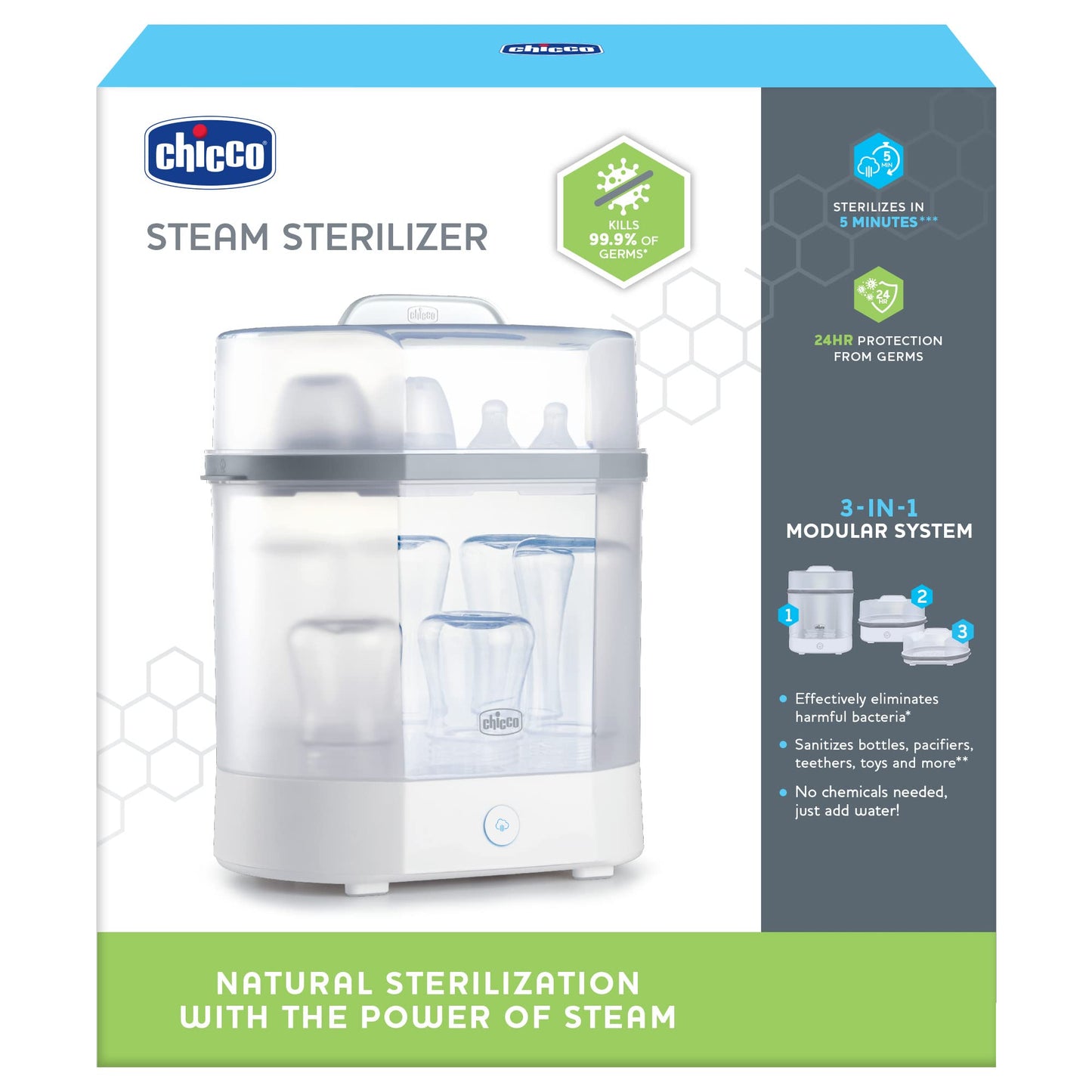 Chicco Advanced Electric Steam Sterilizer & Dryer for Baby Bottles, Feeding Accessories and More | Eliminates 99.9% of Germs | 4 Programming Options | 2 Configurations | Automatic Shut-Off