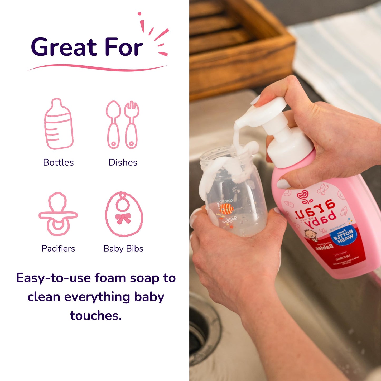 Unscented Foam Bottle Wash, Natural Plant Based Baby Bottle & Dish Soap, No Artificial Fragrance or Additives, Gentle for Washing Bottles, Pacifiers and Toys, Easy Rinse, 15.21 Fl Oz