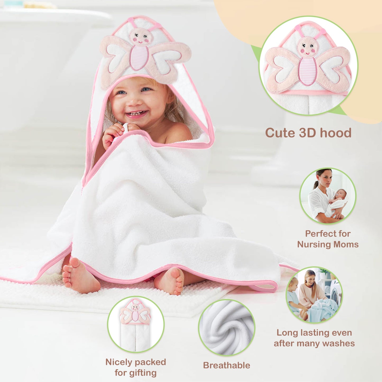 Mother's Choice Baby Hooded Towel - Large 33x33 Inch, 100% Cotton, Ultra-Soft & Absorbent Bath Towel for Newborns, Infants, Boys & Girls (Butterfly)