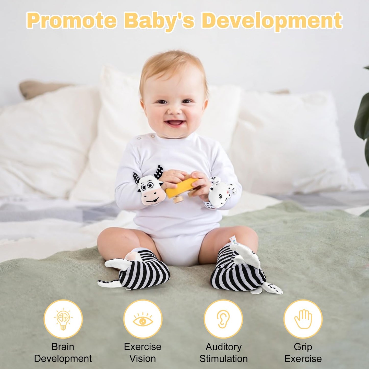 Baby Gift Set, Baby Shower Gifts, Black and White High Contrast Baby Toys 0-6 Months for Newborn Essentials Infant Rattle Socks Elephant Toys Blanket Onesies Baby Gift Basket for Girls Boys
