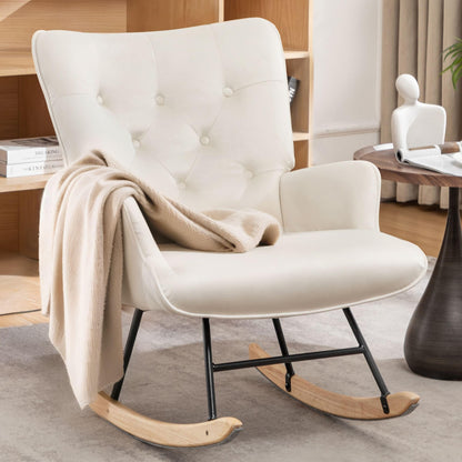 Rocking Chair for Nursery, Comfy Velvet Fabric Glider Rocker, Reading Chair with Support Seating and Side Pockets, Rocking Recliner Chair for Living Room, Bedroom, Balcony, Creamy Beige