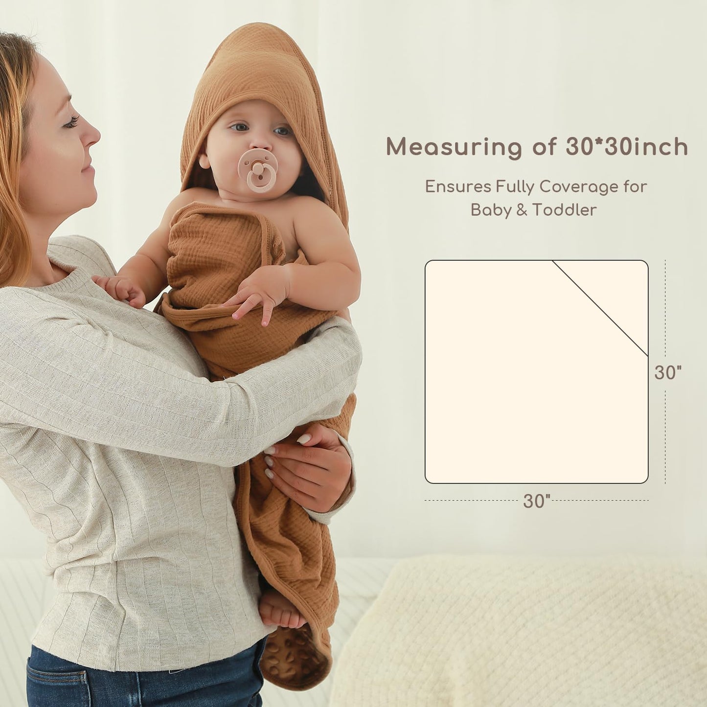 Baby Bath Towels for Newborn 100% Muslin Cotton and Minky Dot Fabric Neutral Hooded Baby Towels Set 2 Pack for Boys Girls Ultra Soft and Absorbent 30 x 30 Inch Green & Plant