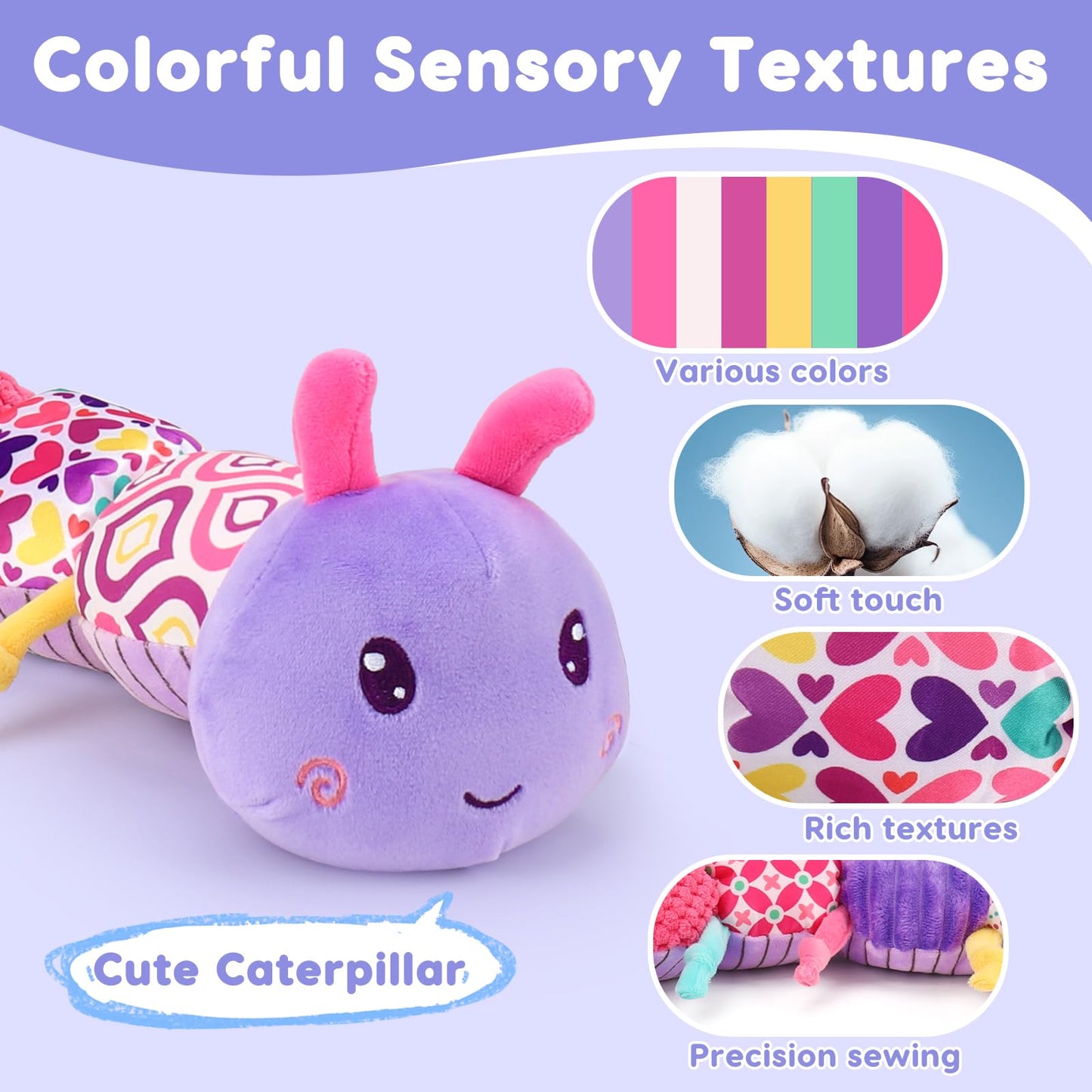 Baby Sensory Toy 0-6 Month Music Animal Stuffed Plush Caterpillar Toy for Infant 0-3-6 Month Tummy Time with Baby Mirror Crinkle Rattle for 6-12 Month Carseat Toy for Newborn Boys Girls Shower Gifts