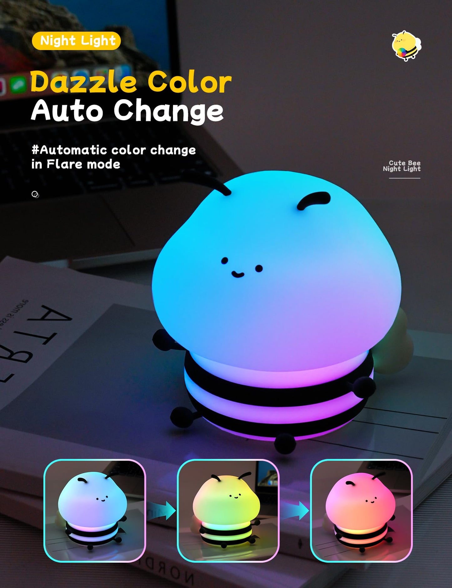 Nursery Night Light, RGB Bunny with 7 Colors & 3 Dim Levels, Rechargeable Silicone, Room Decor & Kids Gift