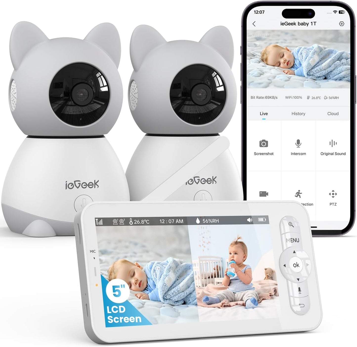 ieGeek Split-Screen Baby Monitor with 2 Camera and Audio-Two 2K Video Monitor with 5" Screen -Night Vision,Two-Way Talk,Cry&Motion Detection,Temper&Humidity Sensor,Remote Control via Screen and APP