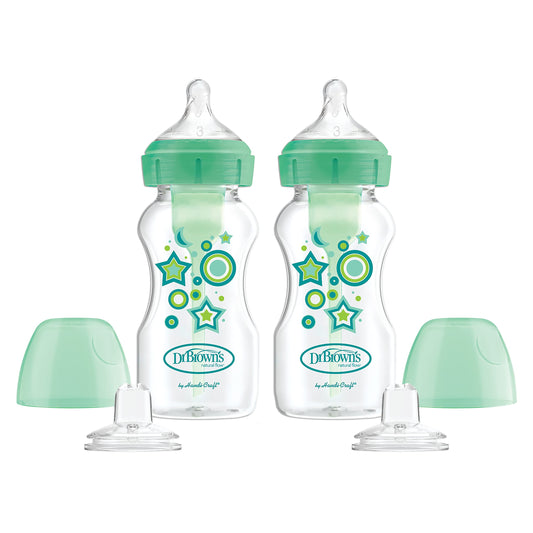 Dr. Brown’s Anti-Colic Options+ Wide-Neck Sippy Bottle Starter Kit, 9oz/270mL, with Level 3 Medium-Fast Flow Nipple and Soft 100% Silicone Sippy Spout, Pink, BPA Free, 6m+