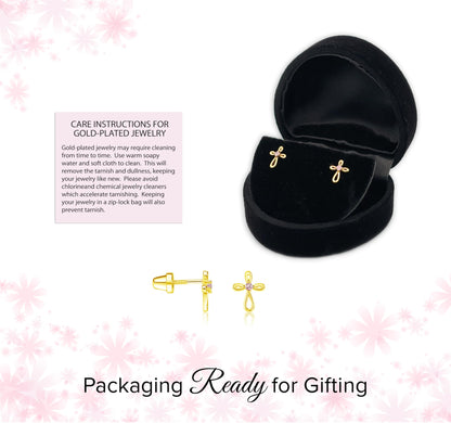 Cherished Moments Girl's 14K Dainty Gold-Plated or Sterling Silver Infinity Cross Earring with CZ and Screw Back