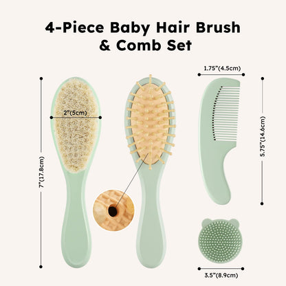 Yoofoss 4 Piece Baby Brush and Comb Set, Wooden Baby Brush with Natural Ultra Soft Goat Hair, Baby Hair Brush for Newborn, Baby Brush Set for Boy Girl
