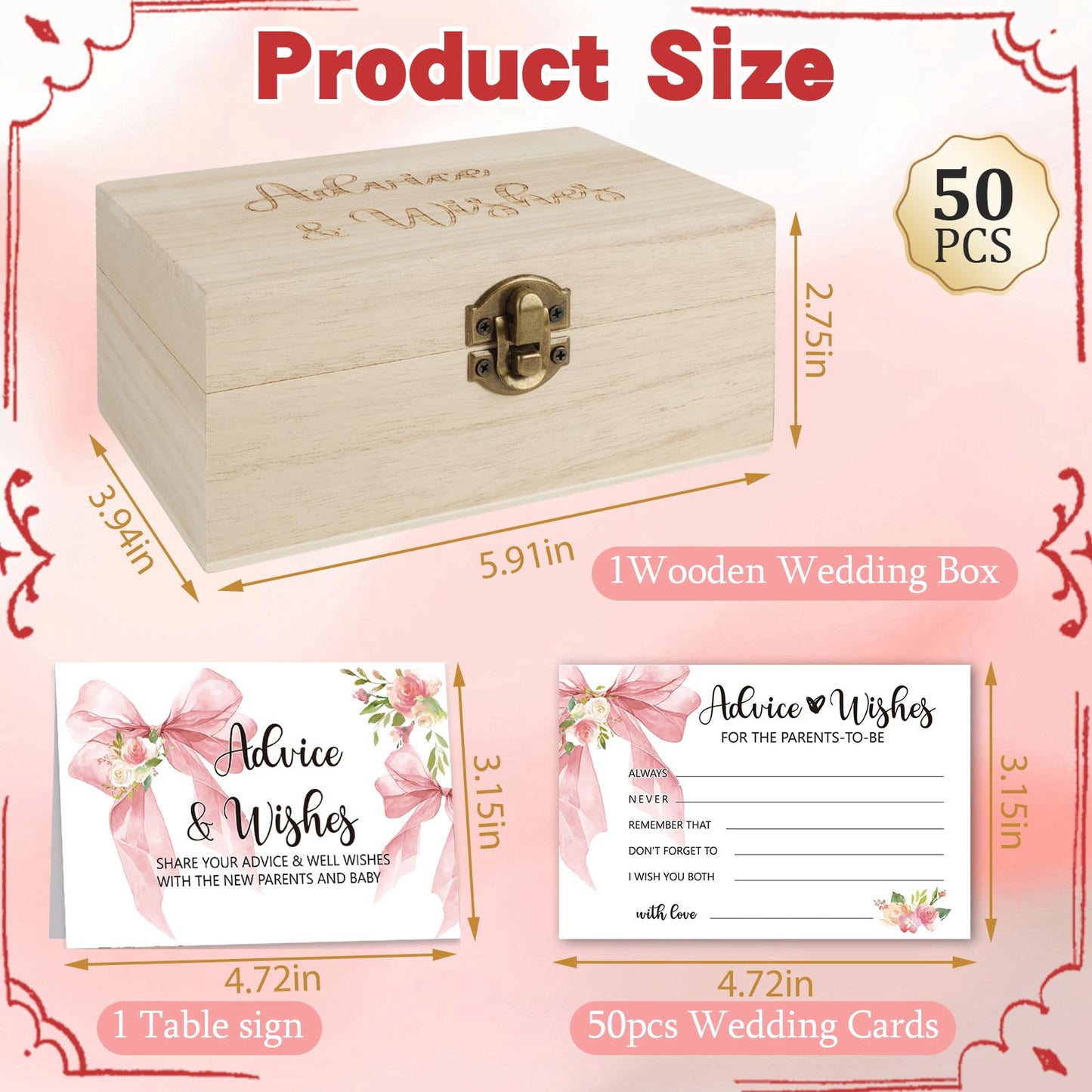 50 PCS Pink Bow Baby Shower Advice Cards For Parents To Be, Advice and Wishes Cards with Box for Baby Shower Games Advice for New Parents Baby Showers